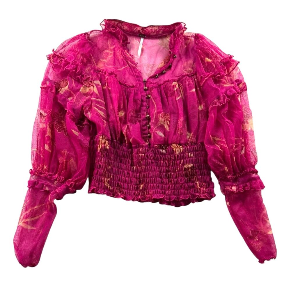 Free People Time For Shine Top S Hot Pink Floral Smocked Ruffle Mesh Sheer Shirt